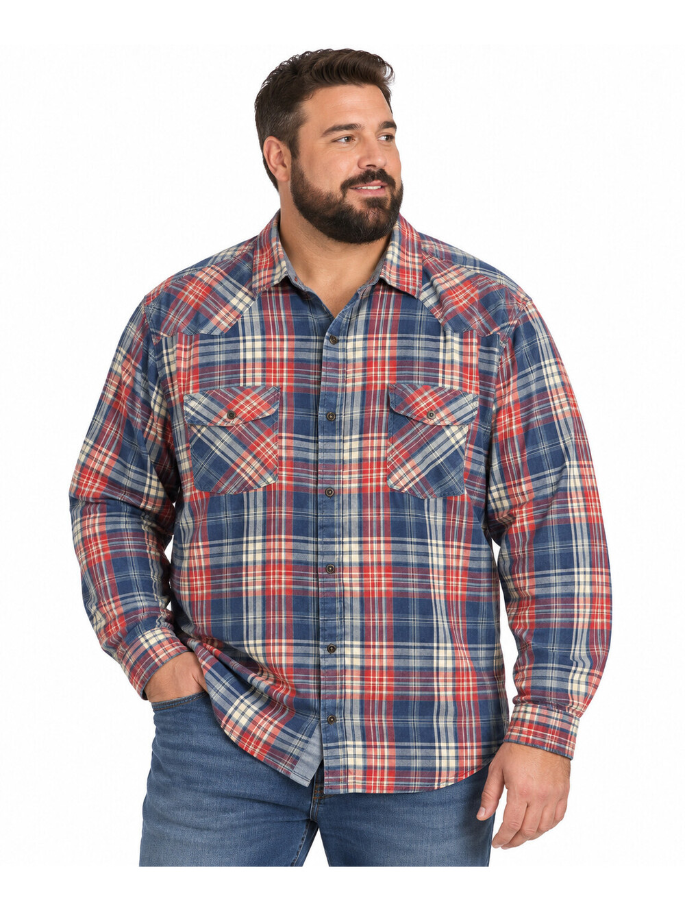 Threadgrit Seattle Goods Mens 2XL Plaid Western Shirt Red Blue Flannel Button Up